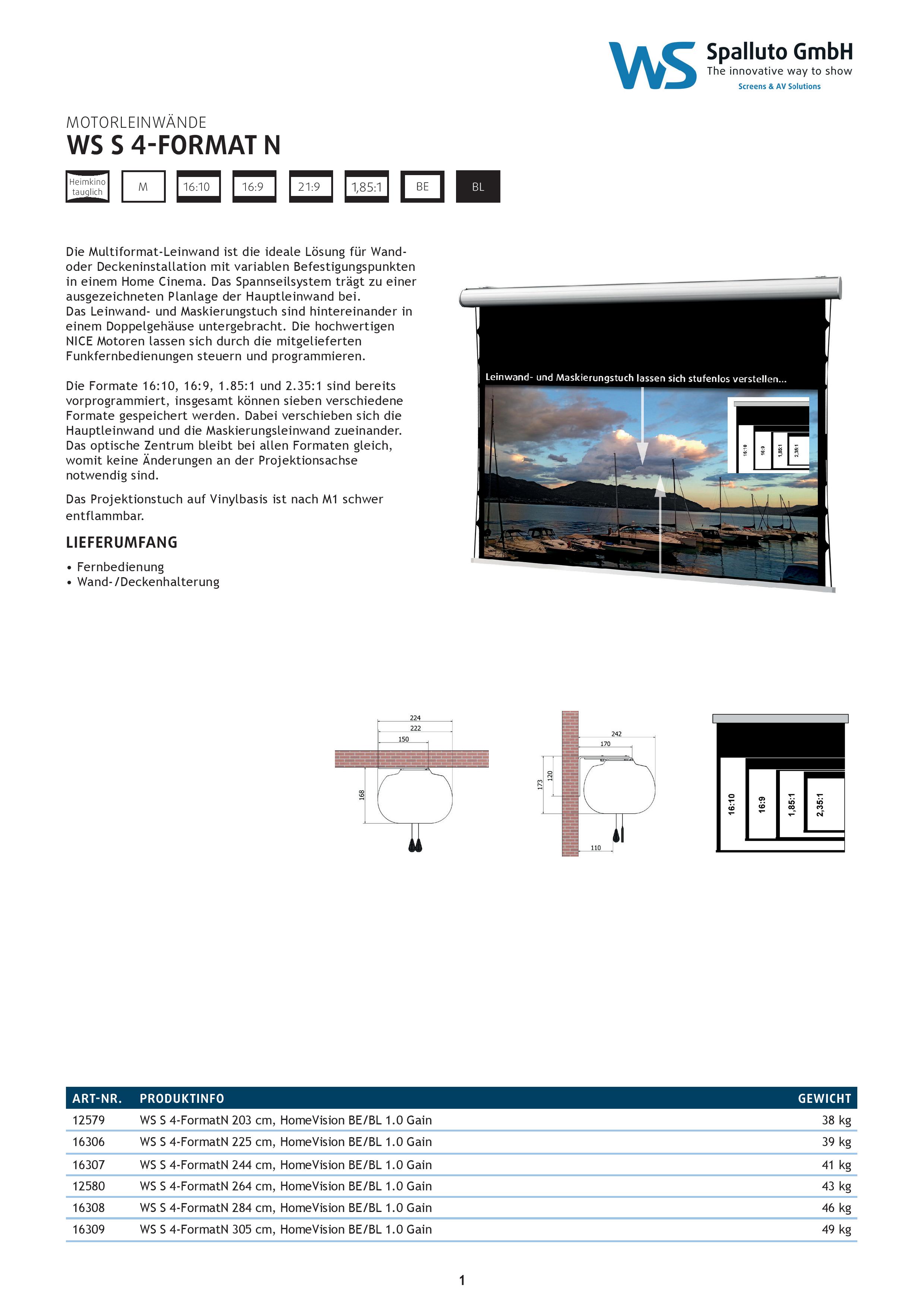 WS S4 FormatN Homevision Leinwand Datenblatt Abmessungen