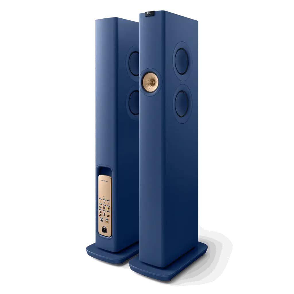 GrobiTV - KEF LS60 Wireless - WLAN Hifi Lautsprecher - Front- und Rückansicht Paar Blau
