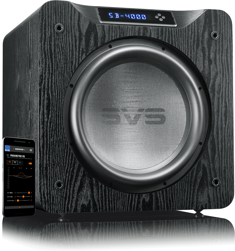 GrobiTV - SVS SB-4000 Heimkino Subwoofer - Premium Black Ash - Frontansicht rechts ohne Grill mit SVS App und Smartphone