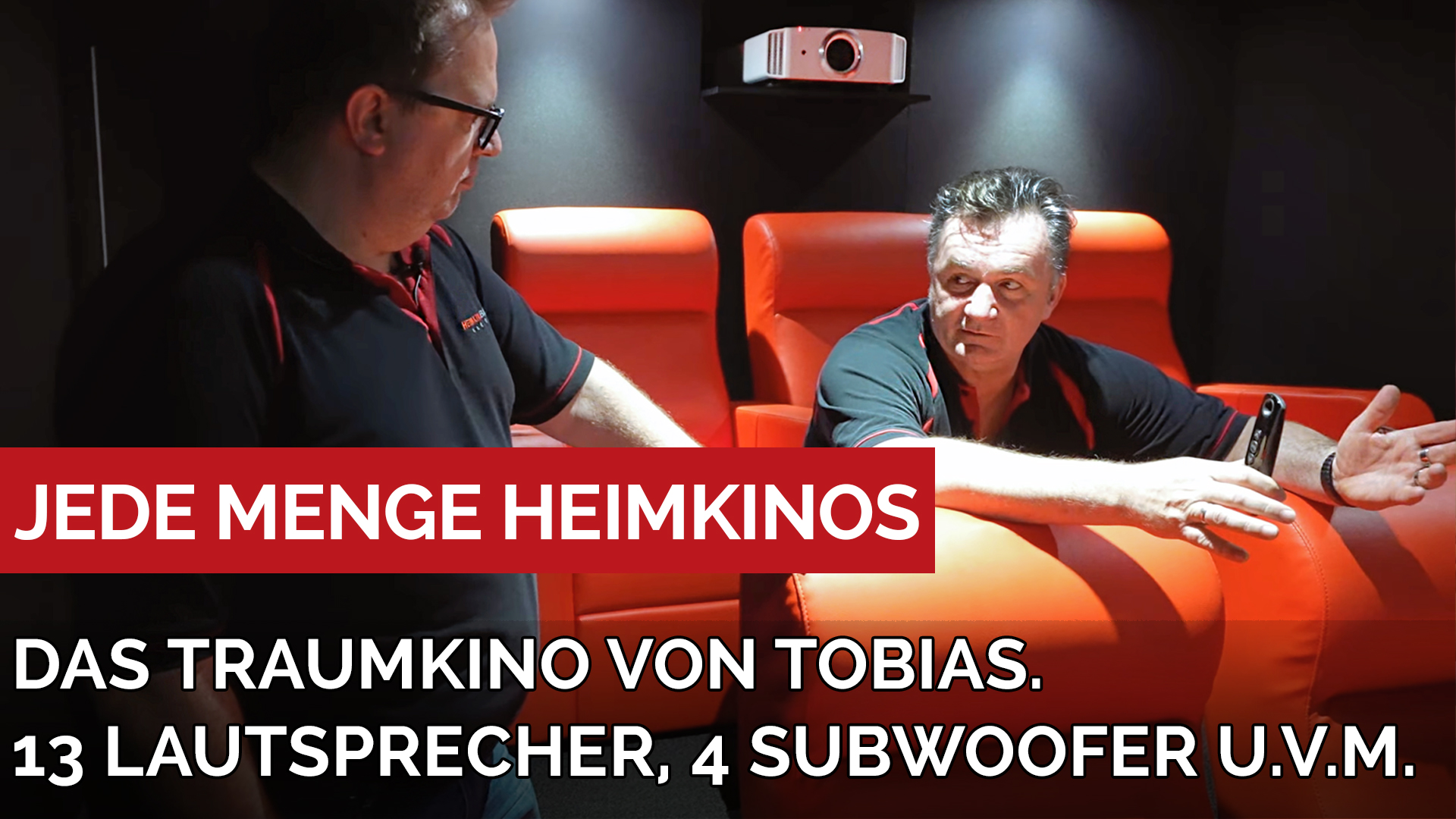 Das ist das Traumkino von Tobias. 6 Kinosessel, 13 Lautsprecher, 4 Subwoofer, 320 cm breite Leinwand