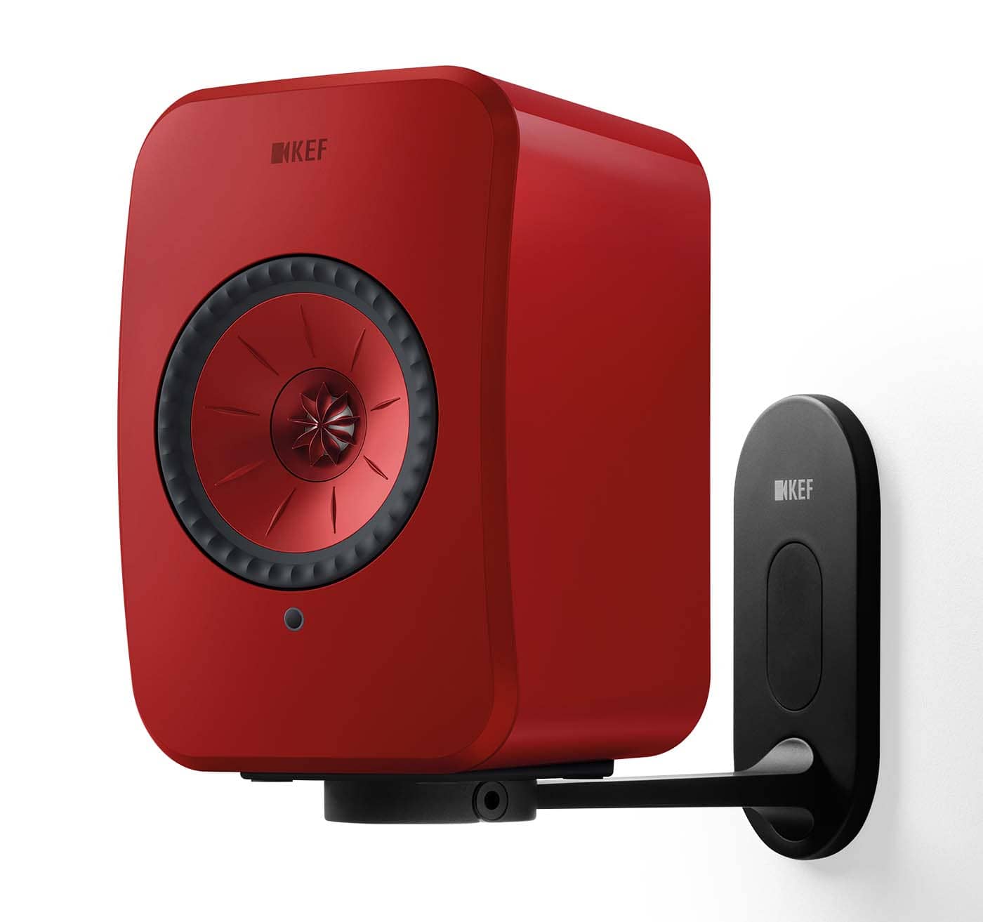 GrobiTV - KEF B1 Wandhalterung für KEF LSX II Schwarz - Frontansicht einzeln mit Lautsprecherbeispiel Lava Rot