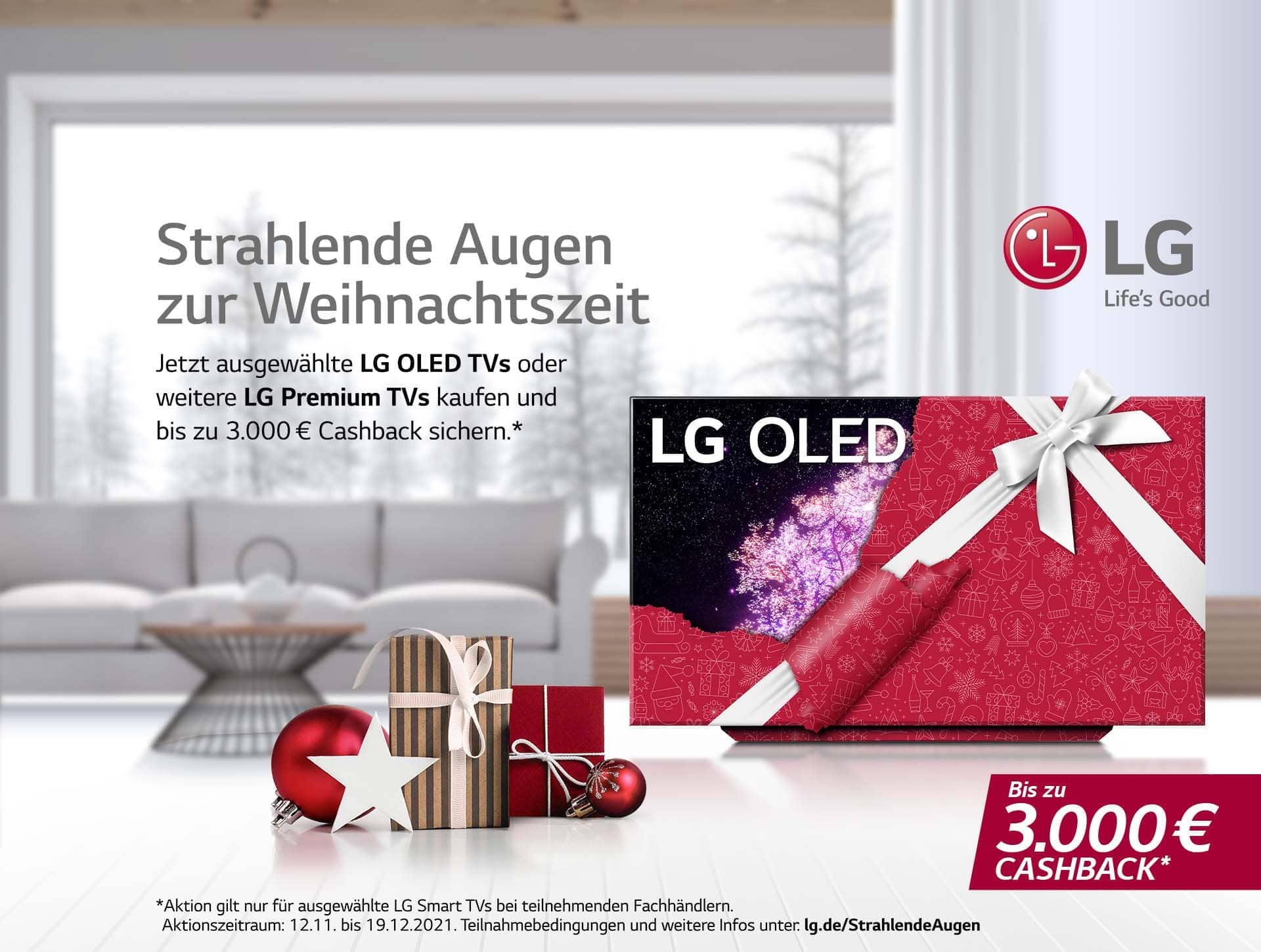 Weihnachten steht bald vor der Tür! Jetzt bei ausgewählten LG TVs sich einen Cashback bis zu 3.000 € sichern.