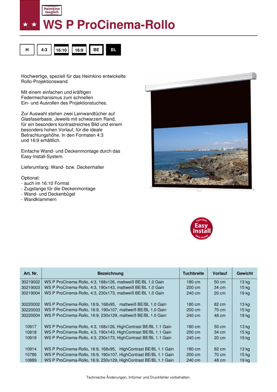 WS P ProCinema-Rollo AR 16:9 mattweiß BE/BL 1.0 G | 190 x 107 cm | SW13062